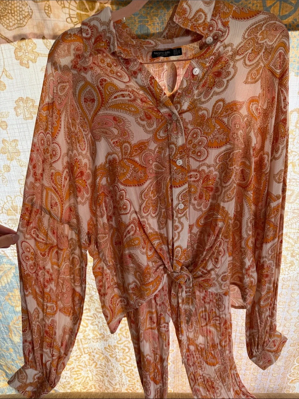 NASTY GAL Orange Paisley Tie-Front Blouse and pants set Beachy